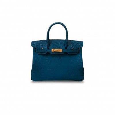 HERMÈS MASTER BIRKIN 30 MATTE CROCODILE AND TOGO LEATHER BLUE BAG GOLD BUCKLE H076235CK28 (30*22*16cm)